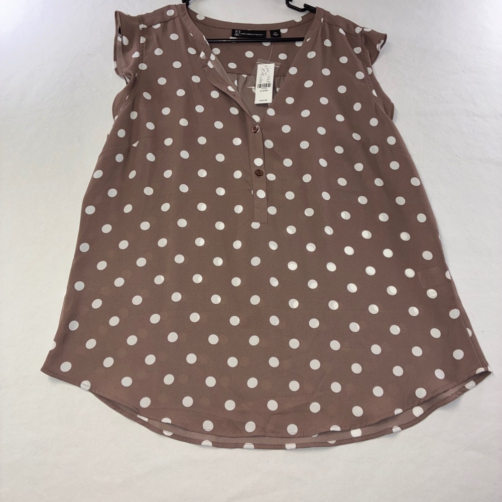 589 Classic New York & Company Blouse XL Brown Polka Dot Flutter Sleeve NEW
